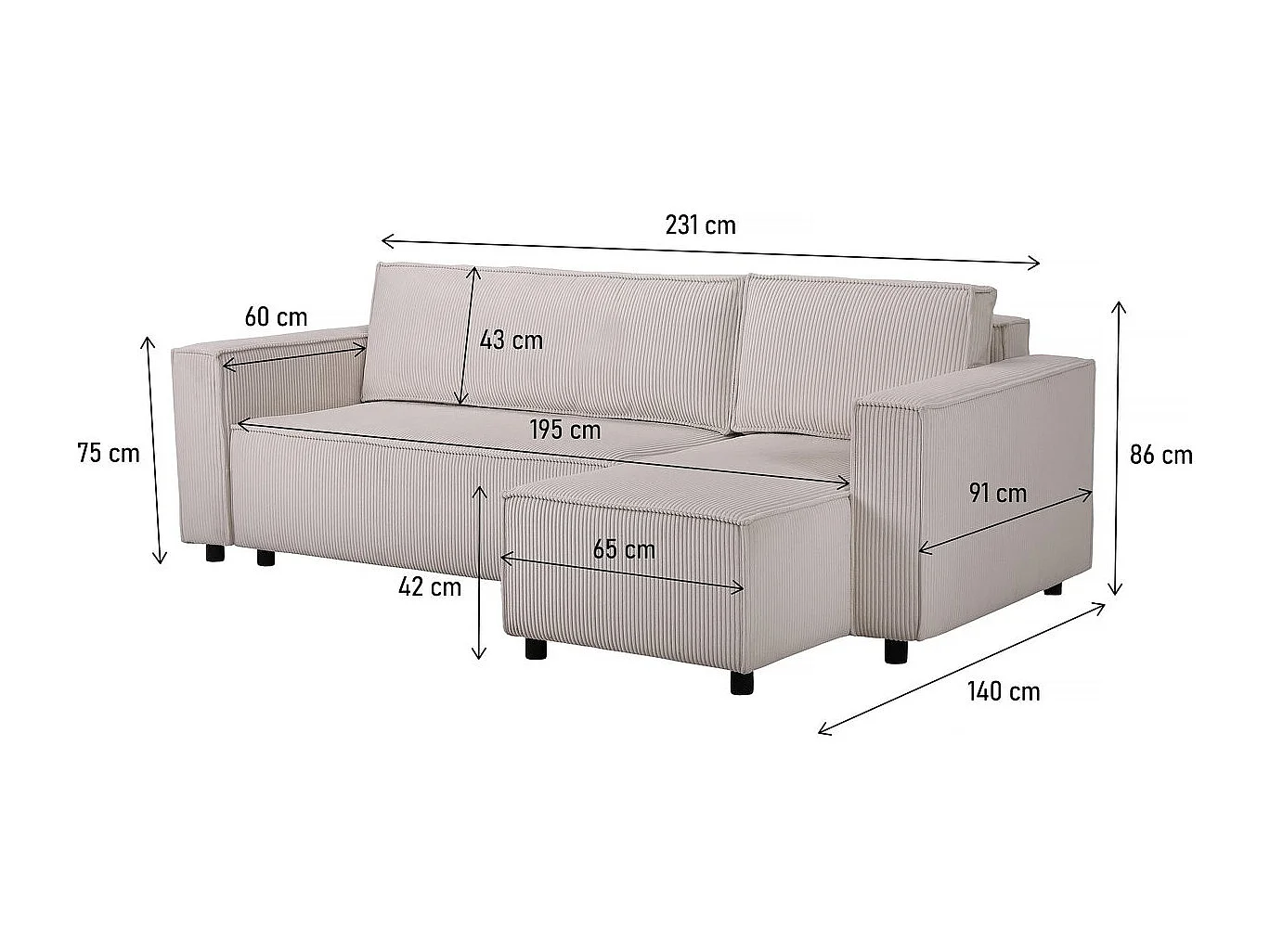 Canapé d'angle en velours côtelé "Montaigne S" - 3 places - Beige