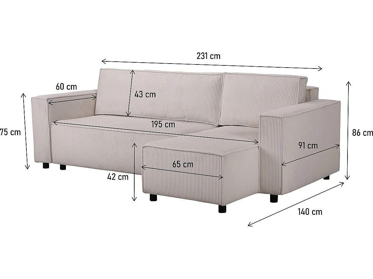 Canapé d'angle 3 places en velours cotele beige MONTAIGNE