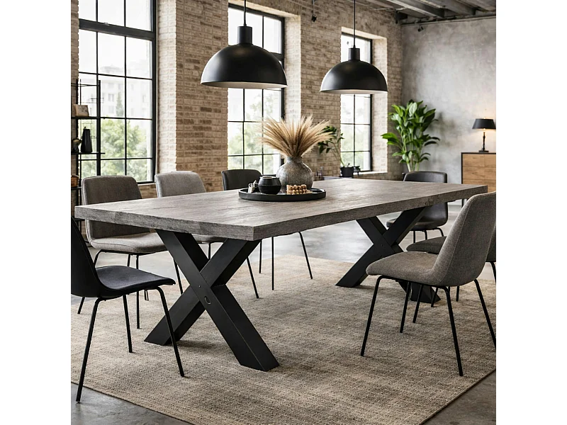 Table extensible bois grisé bords droits pieds en X 220 cm PALERME