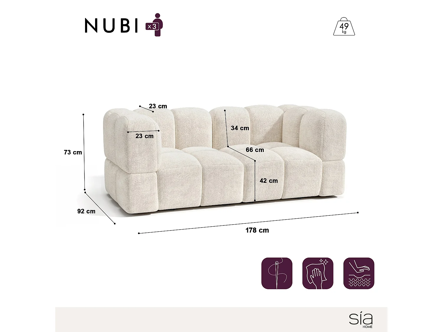 Canapé modulable 3 places velours texturé crème NUBI