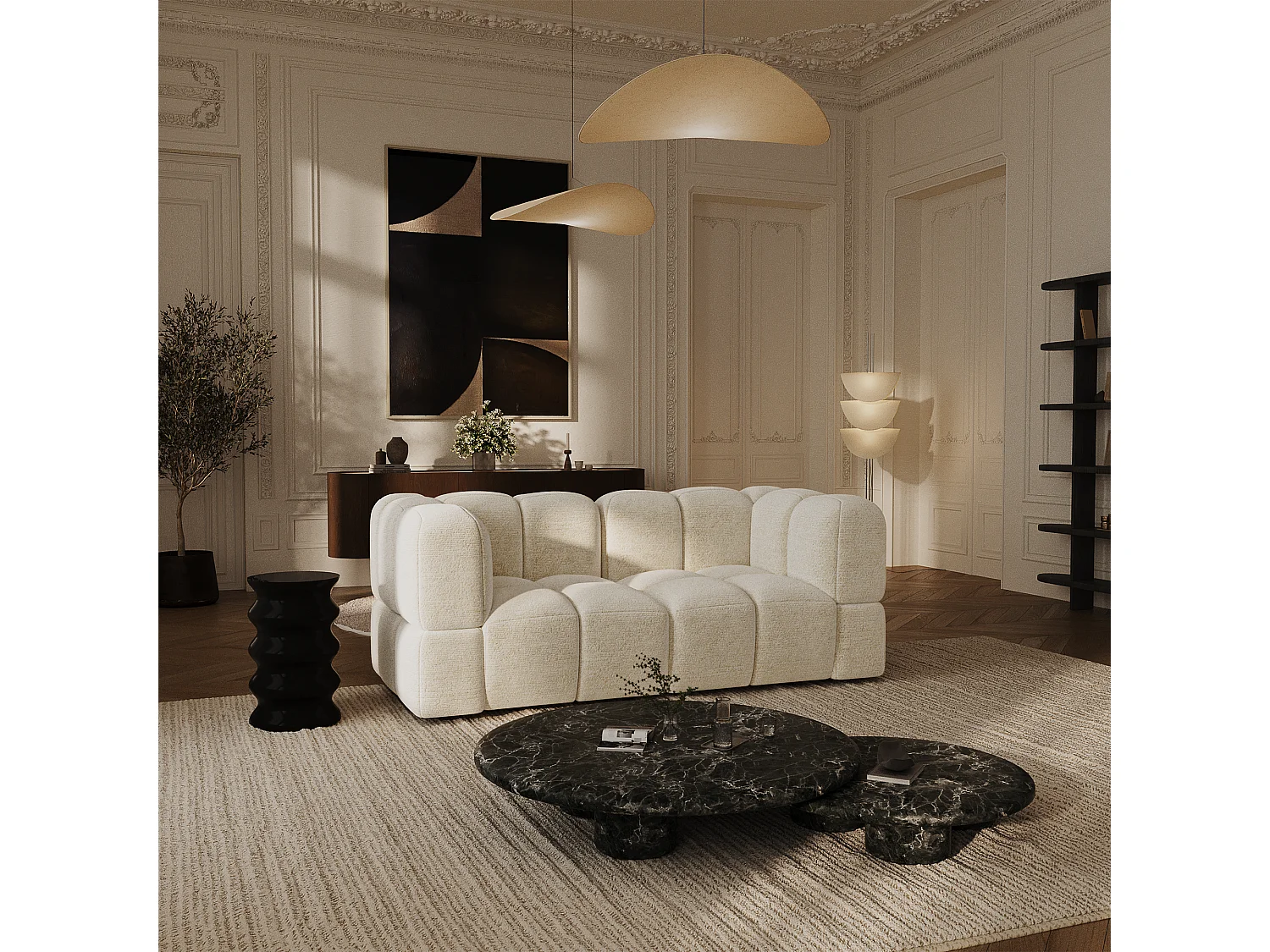 Canapé modulable 3 places velours texturé crème NUBI