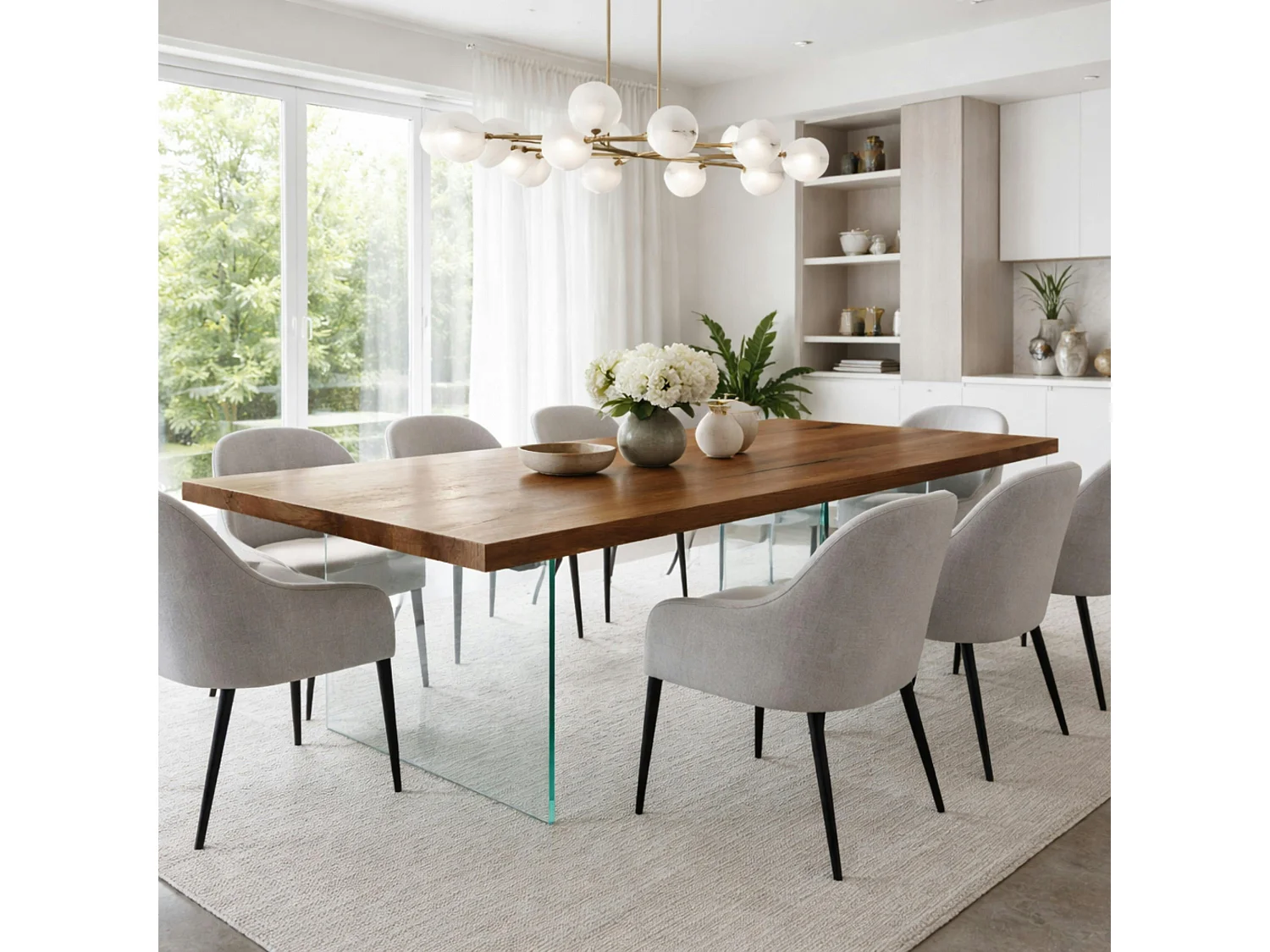 Table extensible bois brun bords droits pieds verre 180 cm PALERME