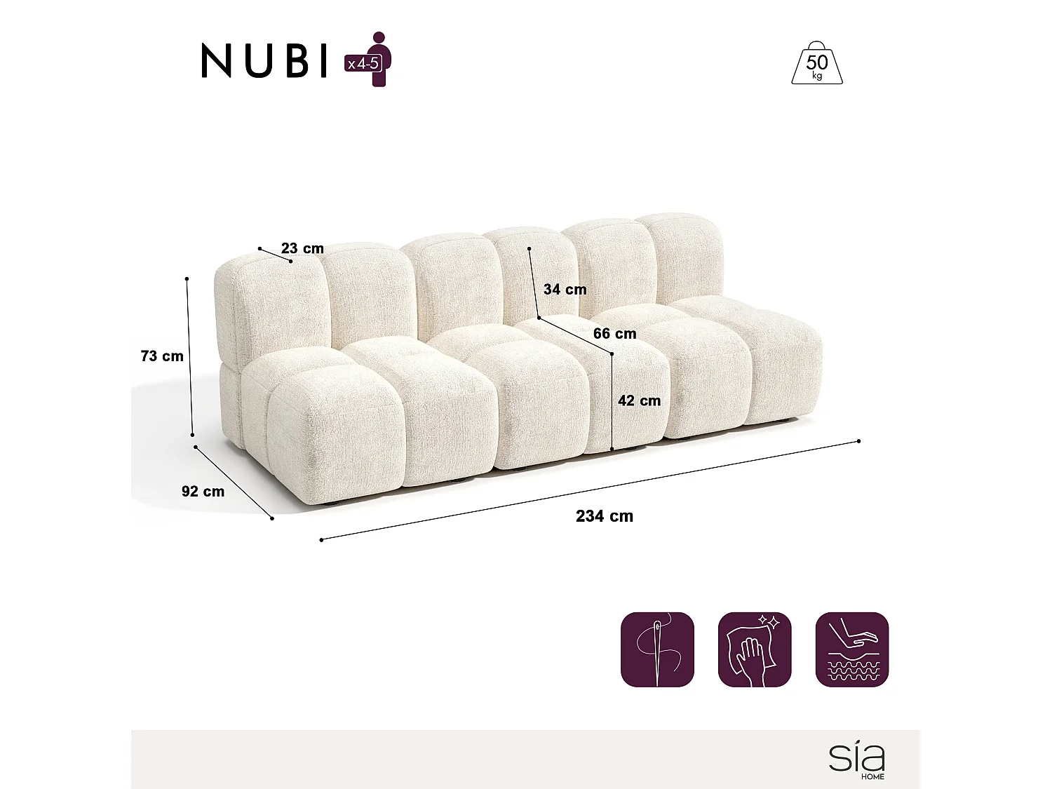 Canapé modulable 4-5 places velours texturé crème NUBI