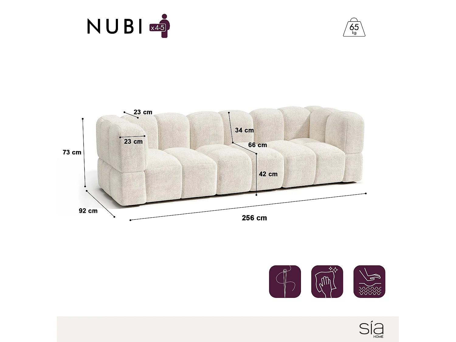 Canapé modulable 4-5 places velours texturé crème NUBI