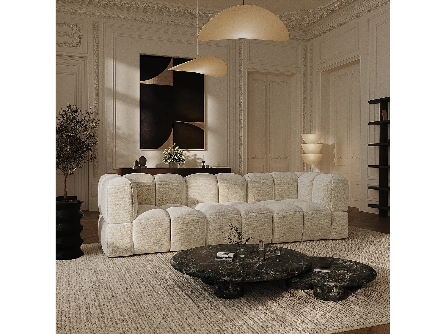 Canapé modulable 4-5 places velours texturé crème NUBI