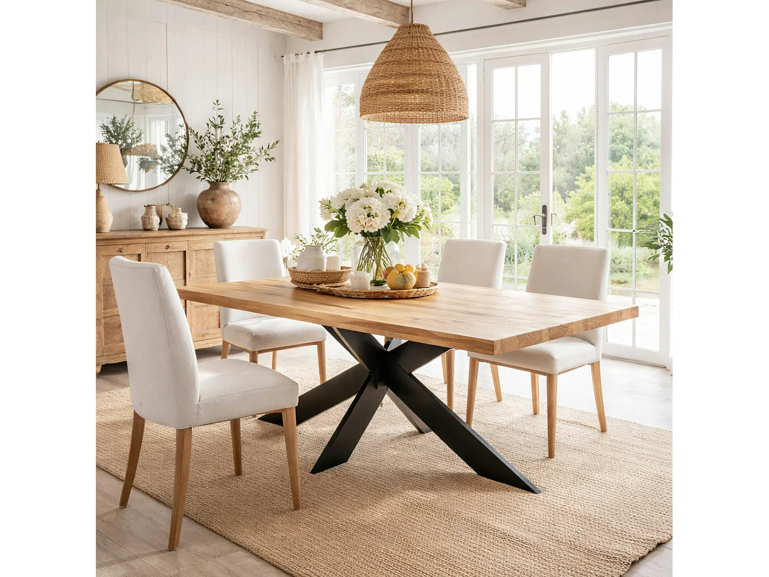 Table extensible bois huilé bords droits pied central 200 cm PALERME