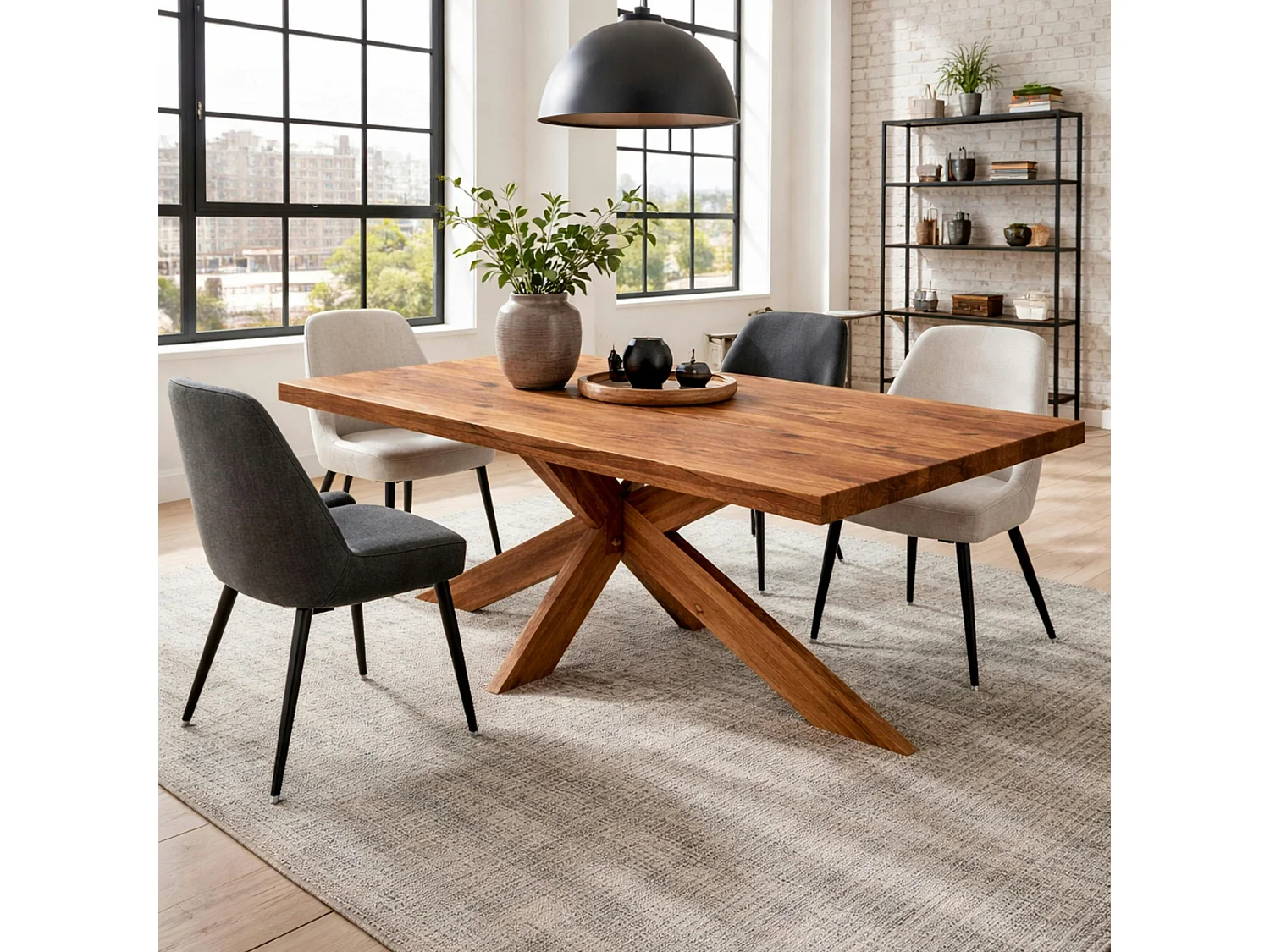 Table extensible bois brun bords droits pied bois 220 cm PALERME