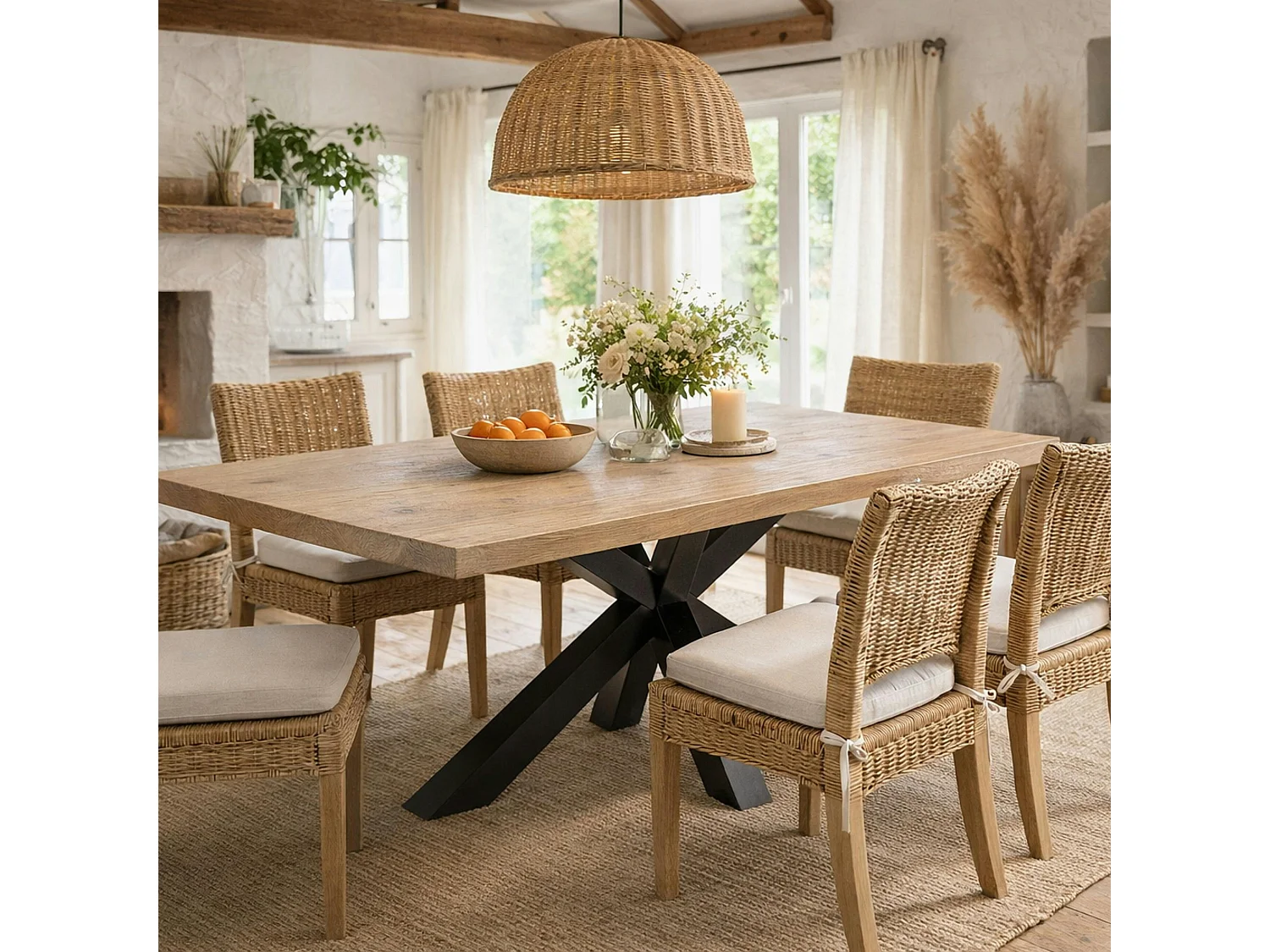 Table extensible bois grisé bords droits pied noir 240 cm PALERME