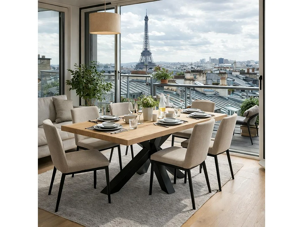 Table extensible bois blanc bords droits pied noir 180 cm PALERME