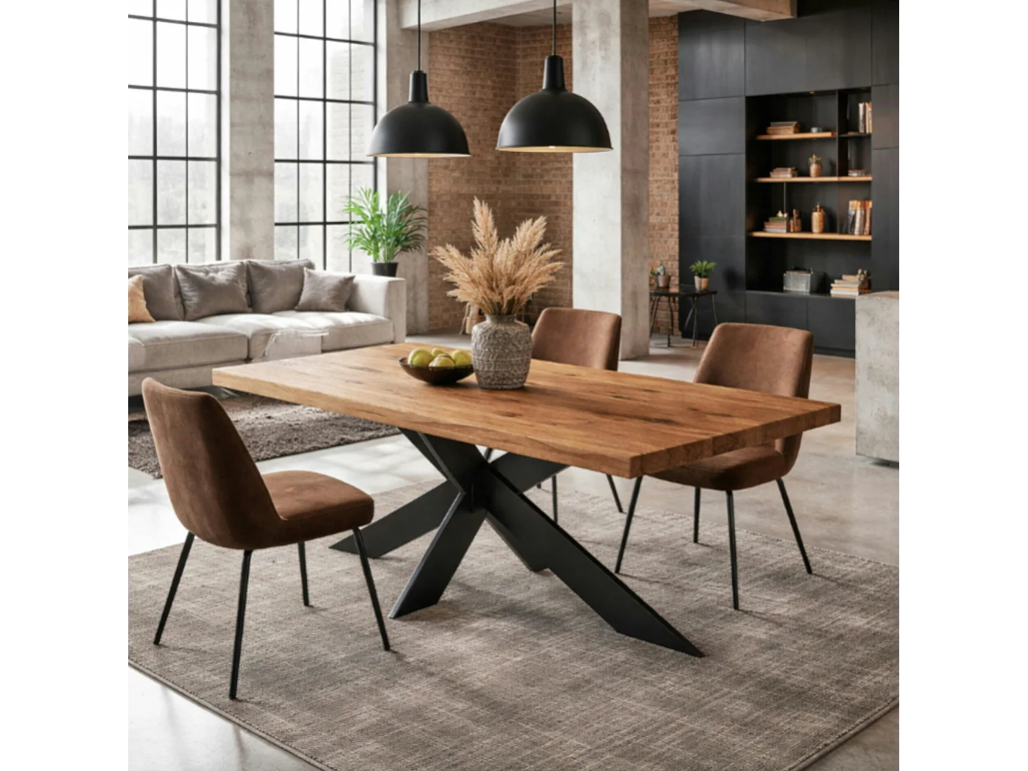 Table extensible bois brun bords droits pied central 220 cm PALERME