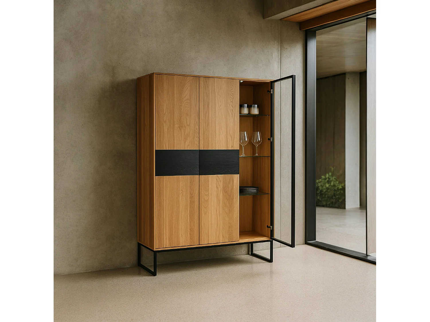 Buffet vitrine bois de chêne blanc HAVEN