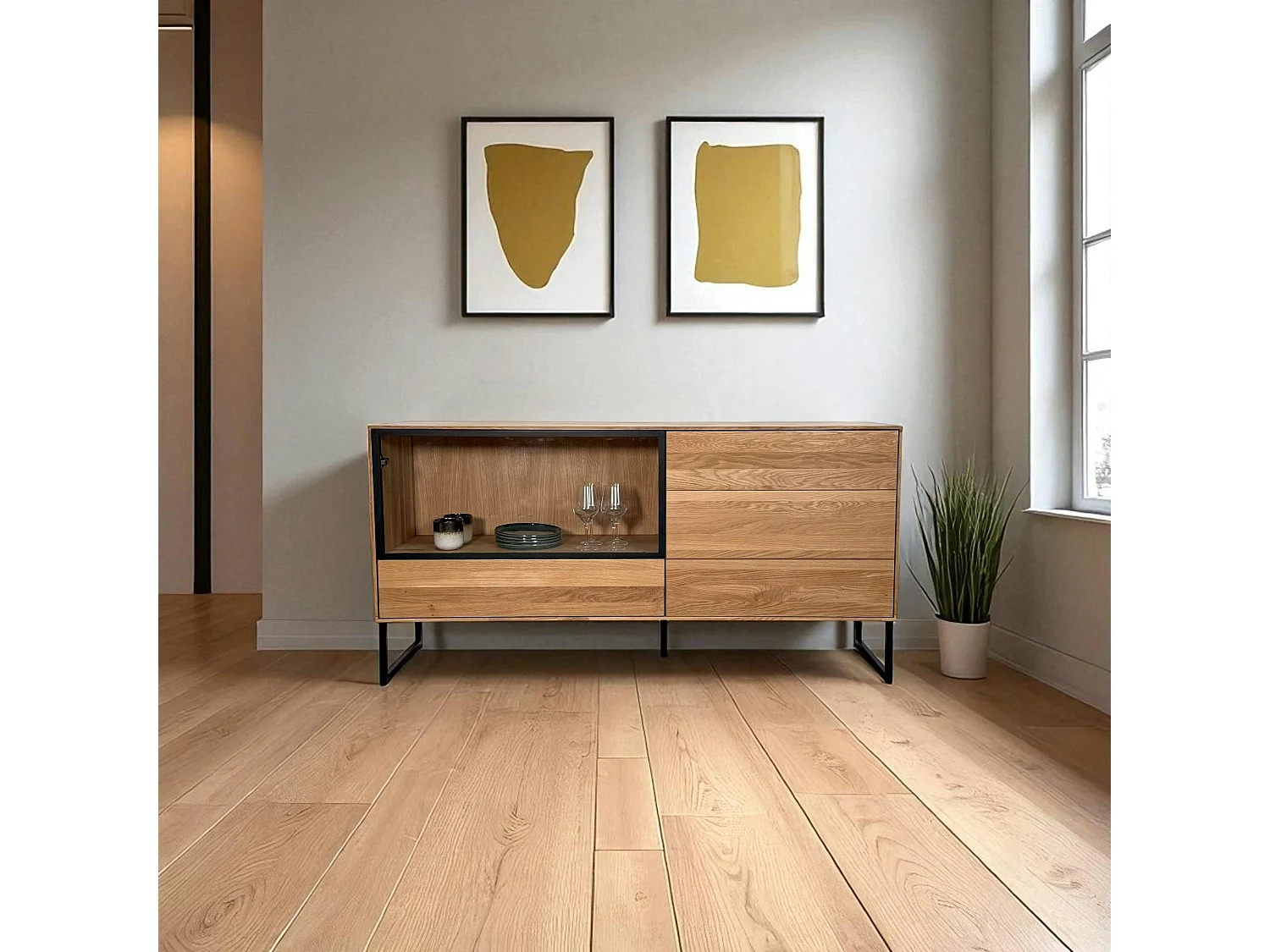 Buffet bas vitrine bois de chêne blanc HAVEN