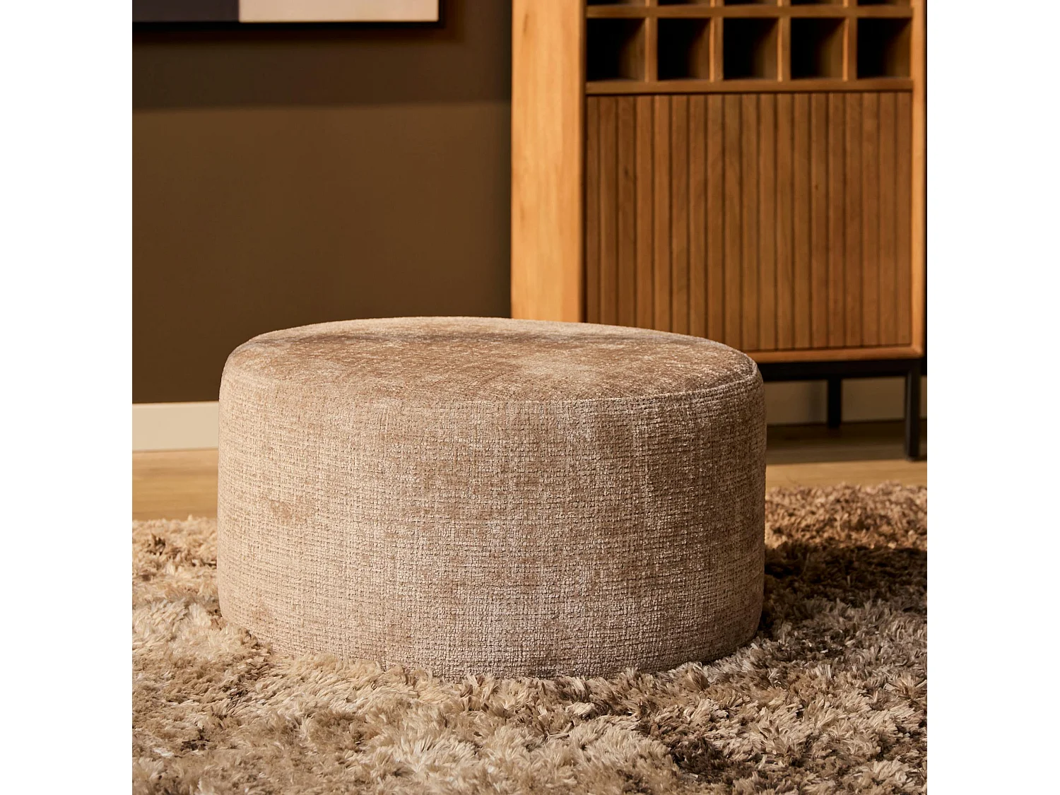 Pouf rond taupe tissu doux RIVOLI