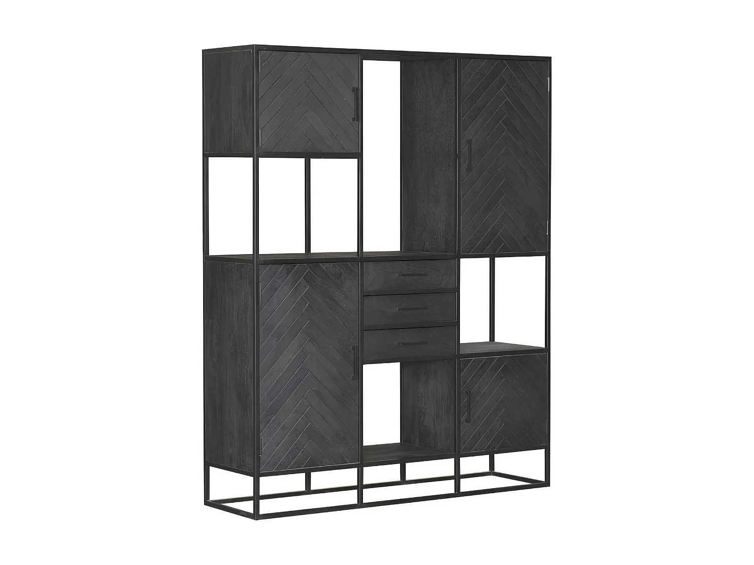 Bibliothèque étagère bois noir 4 portes motif chevron ALVERA