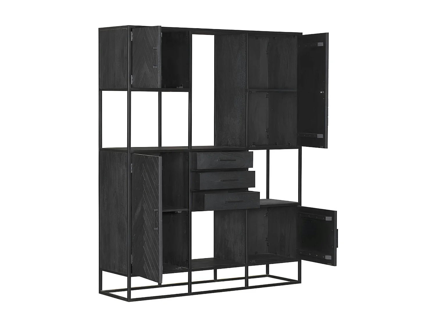 Bibliothèque étagère bois noir 4 portes motif chevron ALVERA