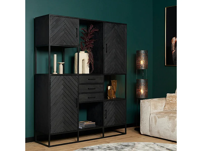 Bibliothèque étagère bois noir 4 portes motif chevron ALVERA