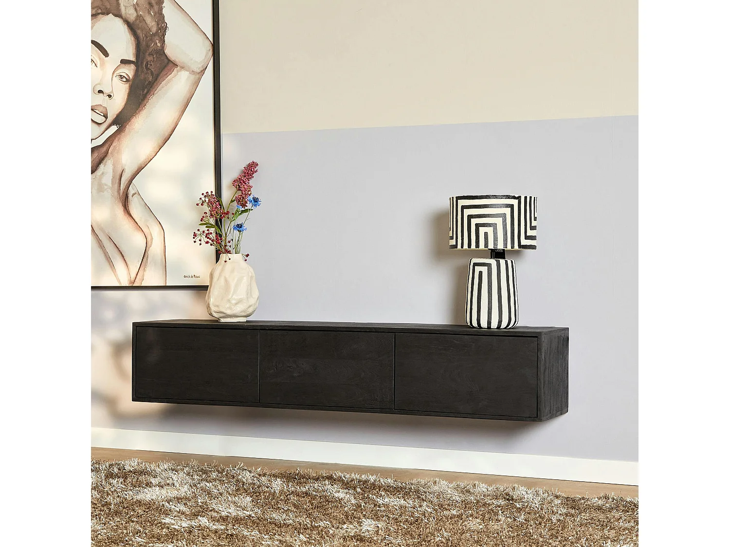Meuble TV suspendu bois noir 3 portes JUNO