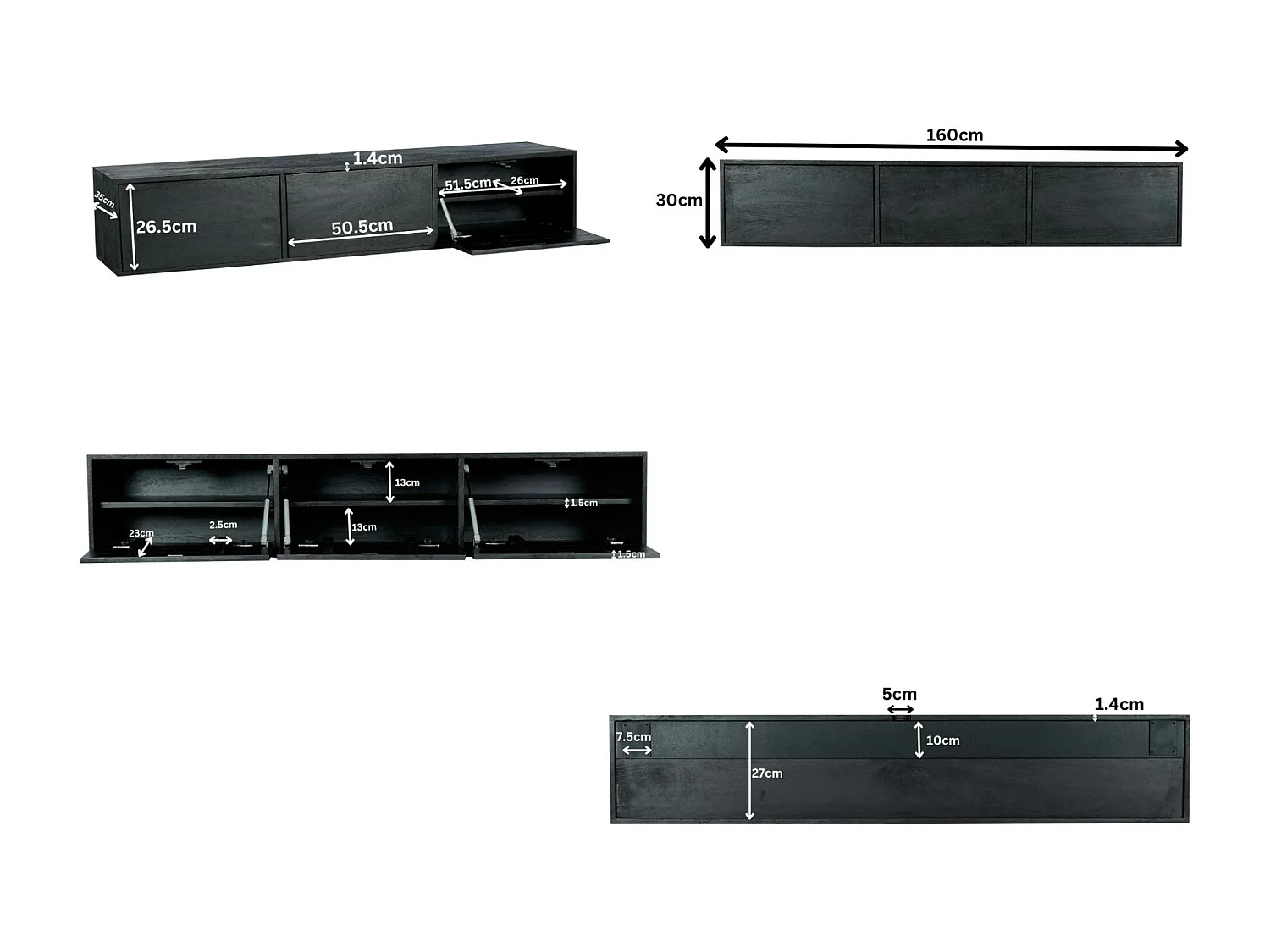 Meuble TV suspendu bois noir 3 portes JUNO