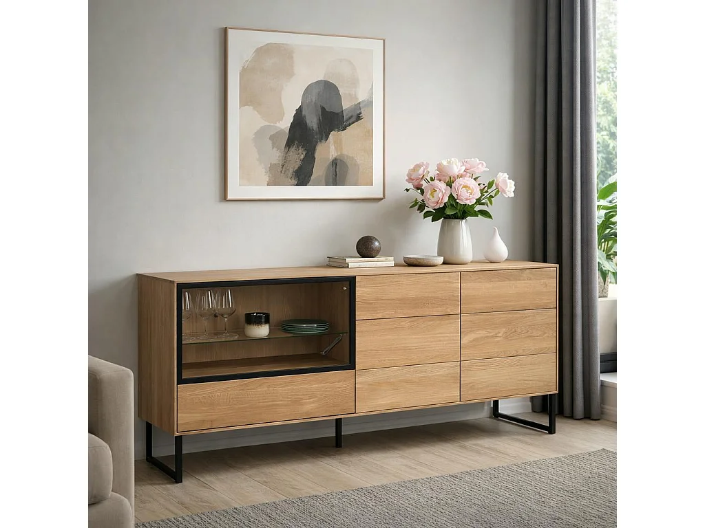 Buffet bas vitrine bois de chêne blanc 180 cm HAVEN