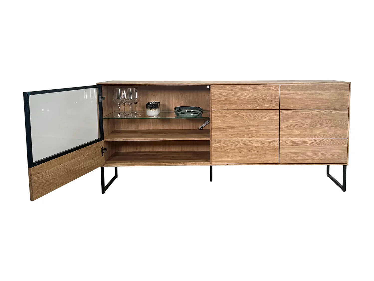 Buffet bas vitrine bois de chêne blanc 180 cm HAVEN