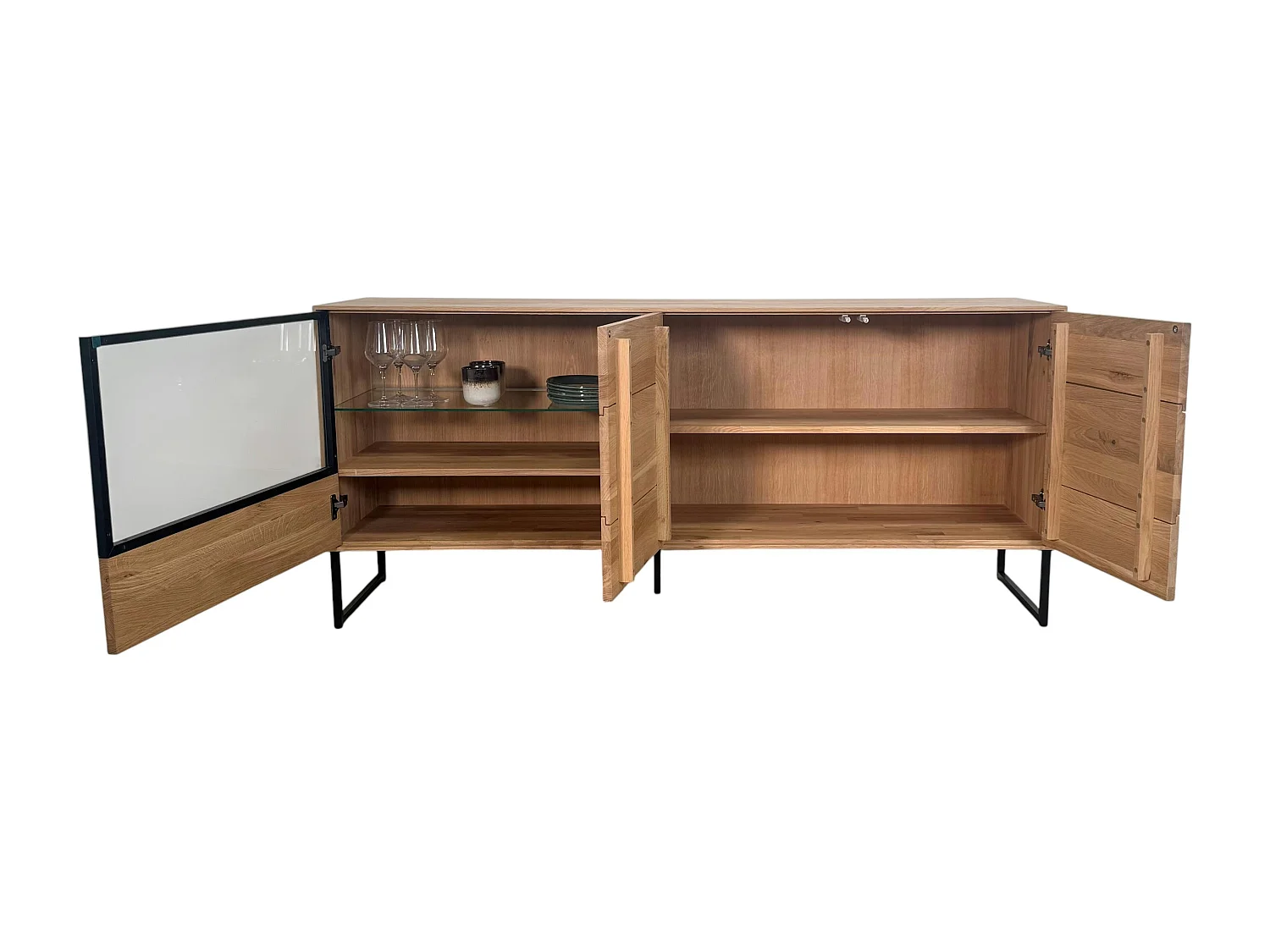 Buffet bas vitrine bois de chêne blanc 180 cm HAVEN