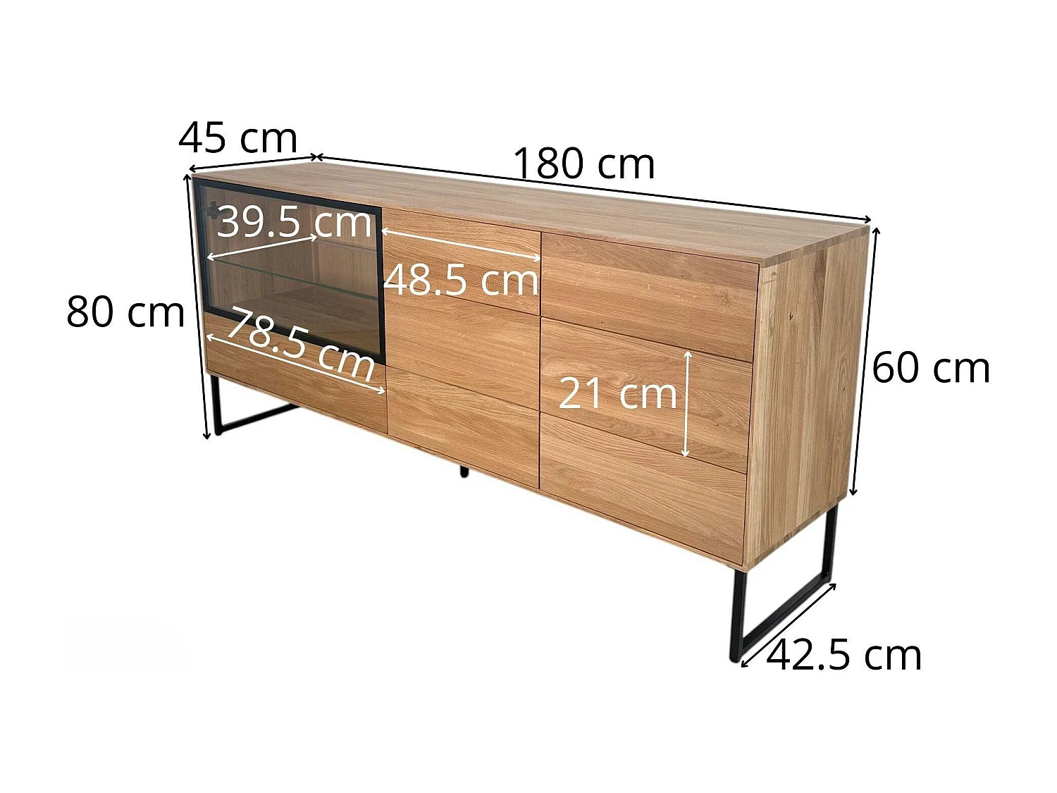 Buffet bas vitrine bois de chêne blanc 180 cm HAVEN