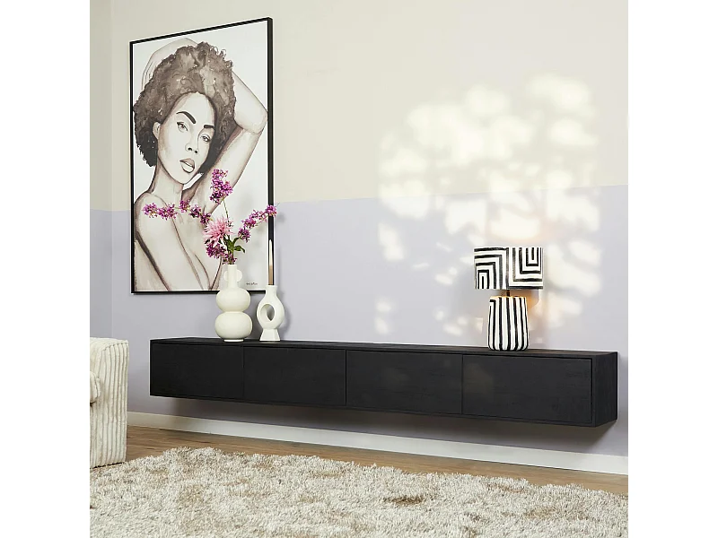 Long Meuble TV suspendu bois noir 4 portes JUNO