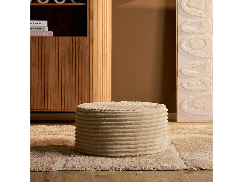 Pouf rond beige en velours côtelé RIVOLI
