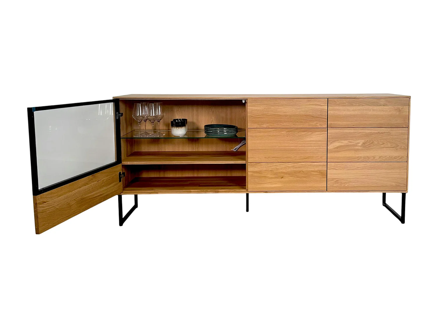 Buffet bas vitrine bois de chêne huilé 180 cm HAVEN