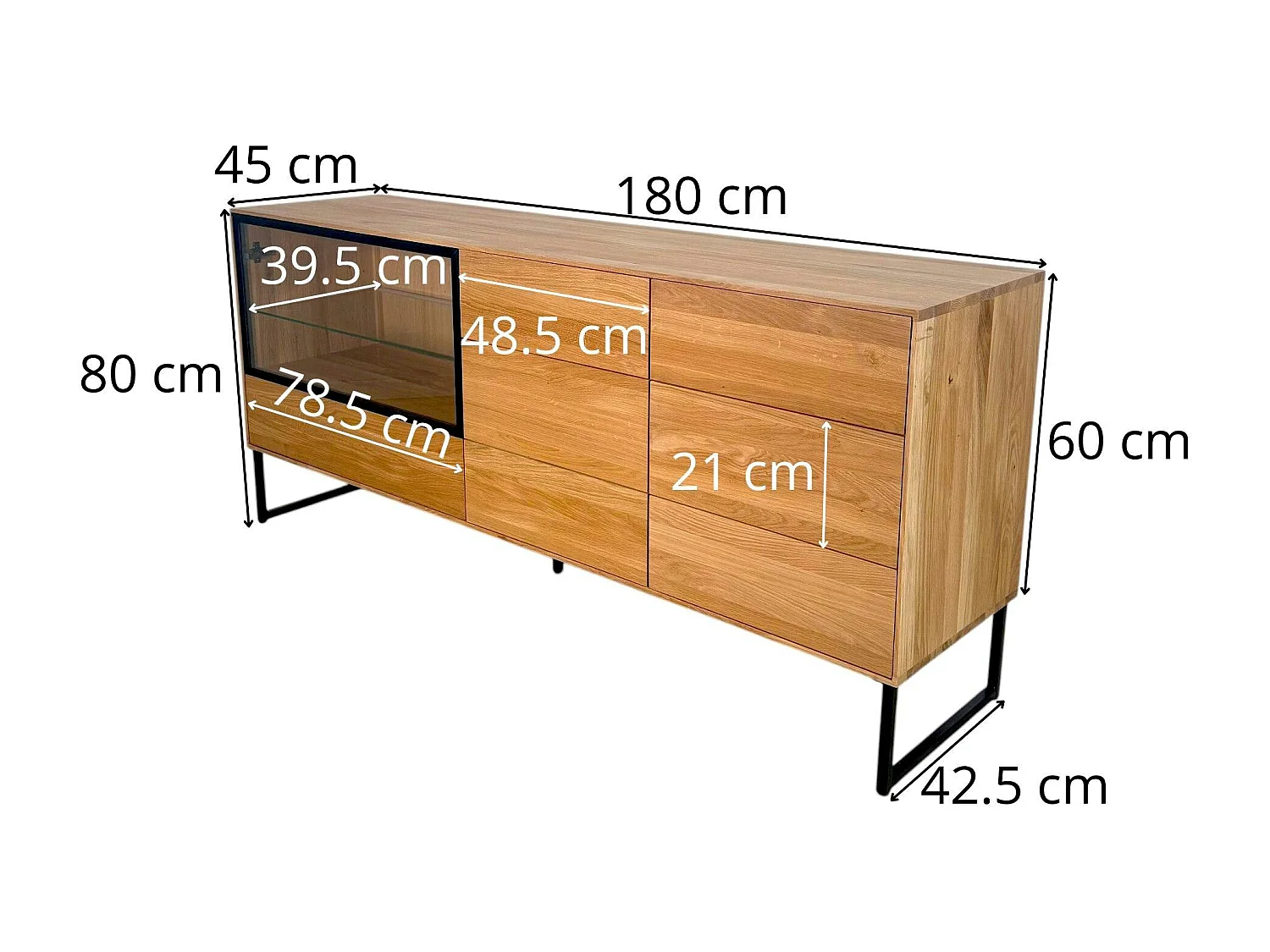 Buffet bas vitrine bois de chêne huilé 180 cm HAVEN