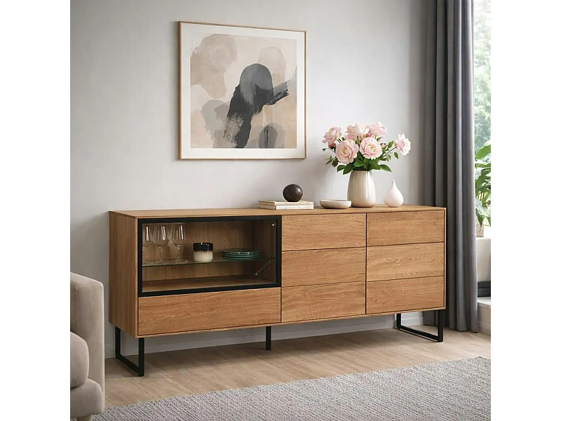 Buffet bas vitrine bois de chêne huilé 180 cm HAVEN