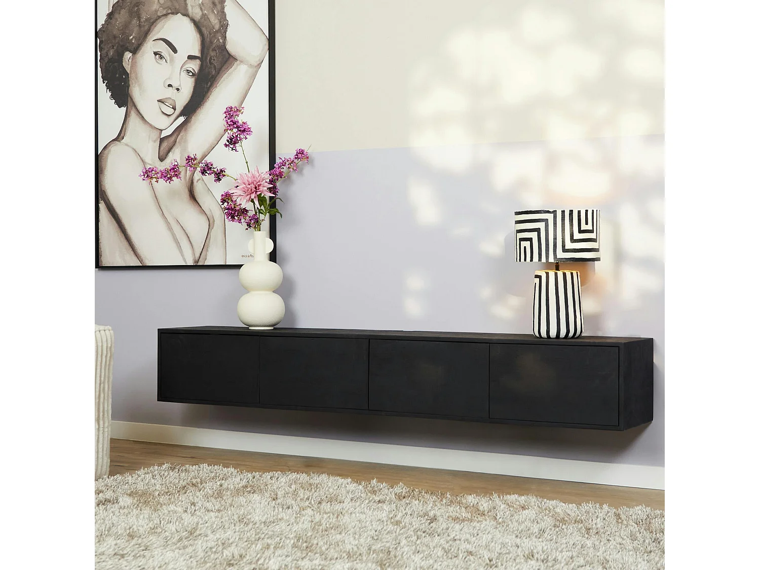 Meuble TV suspendu bois noir 4 portes JUNO
