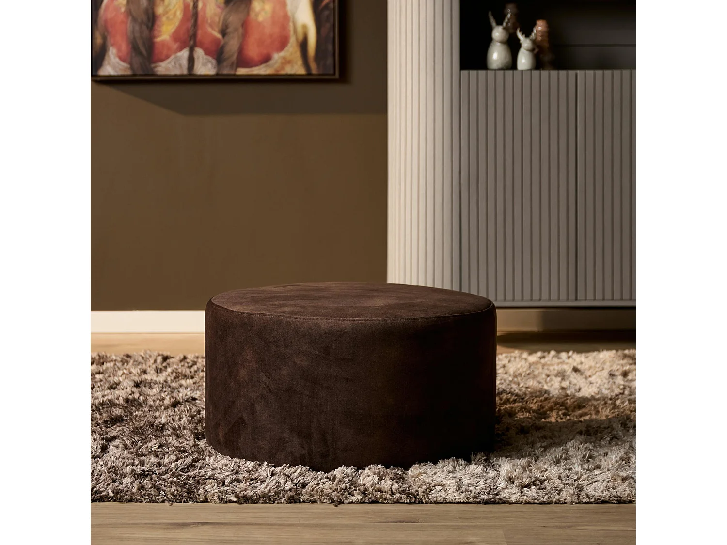 Pouf rond marron tissu doux Ø80 cm RIVOLI