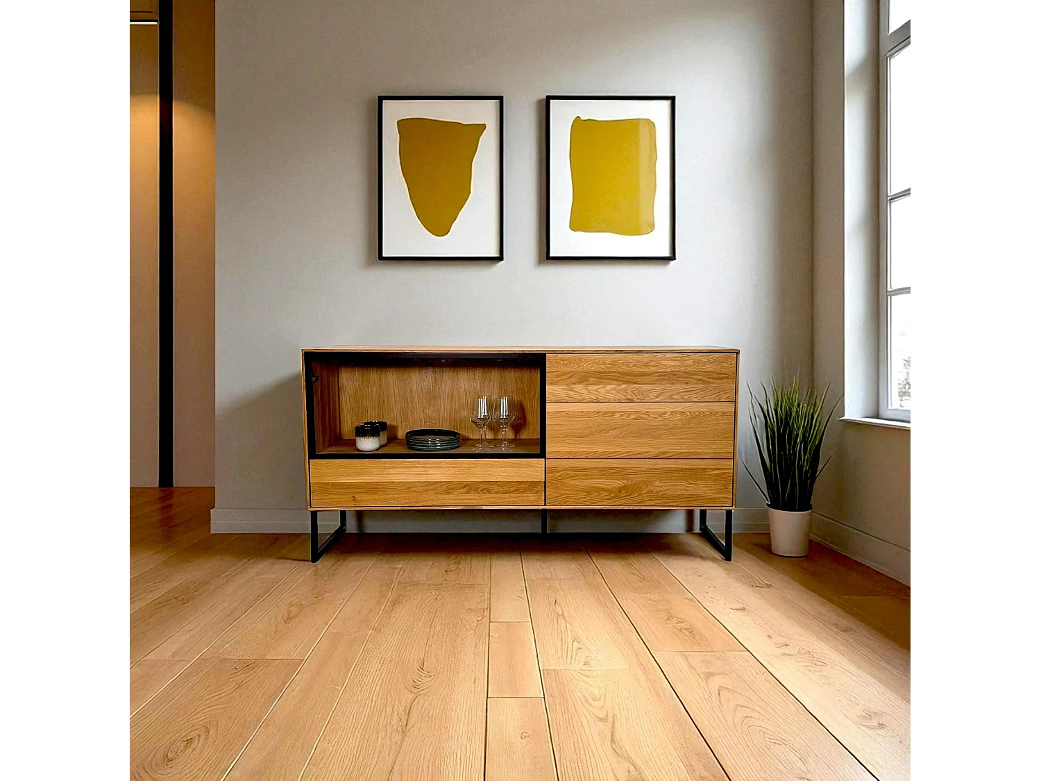 Buffet bas vitrine bois de chêne huilé HAVEN