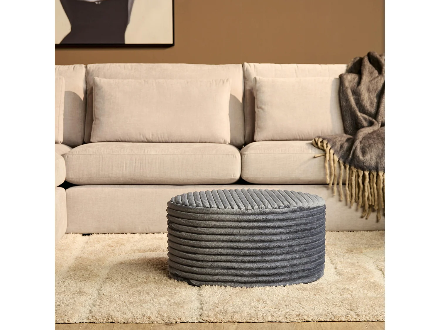 Pouf rond gris en velours côtelé RIVOLI
