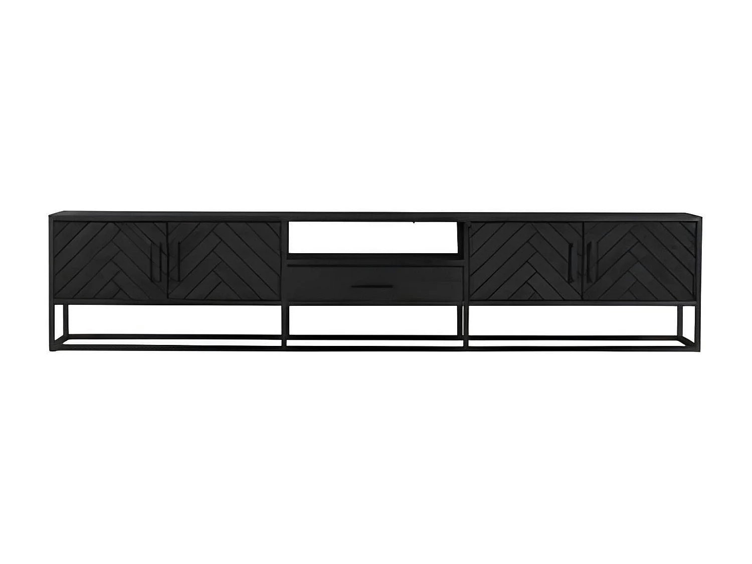 Long meuble TV bois noir 4 portes motif chevron ALVERA