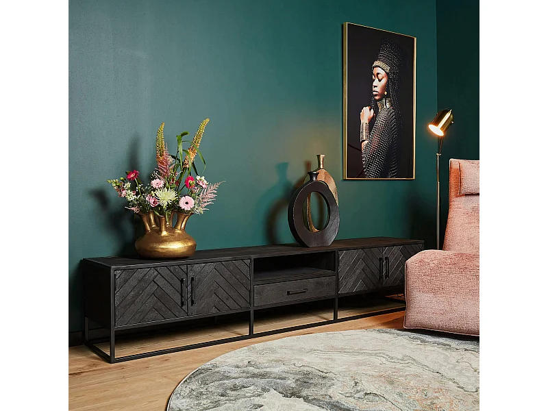 Long meuble TV bois noir 4 portes motif chevron ALVERA