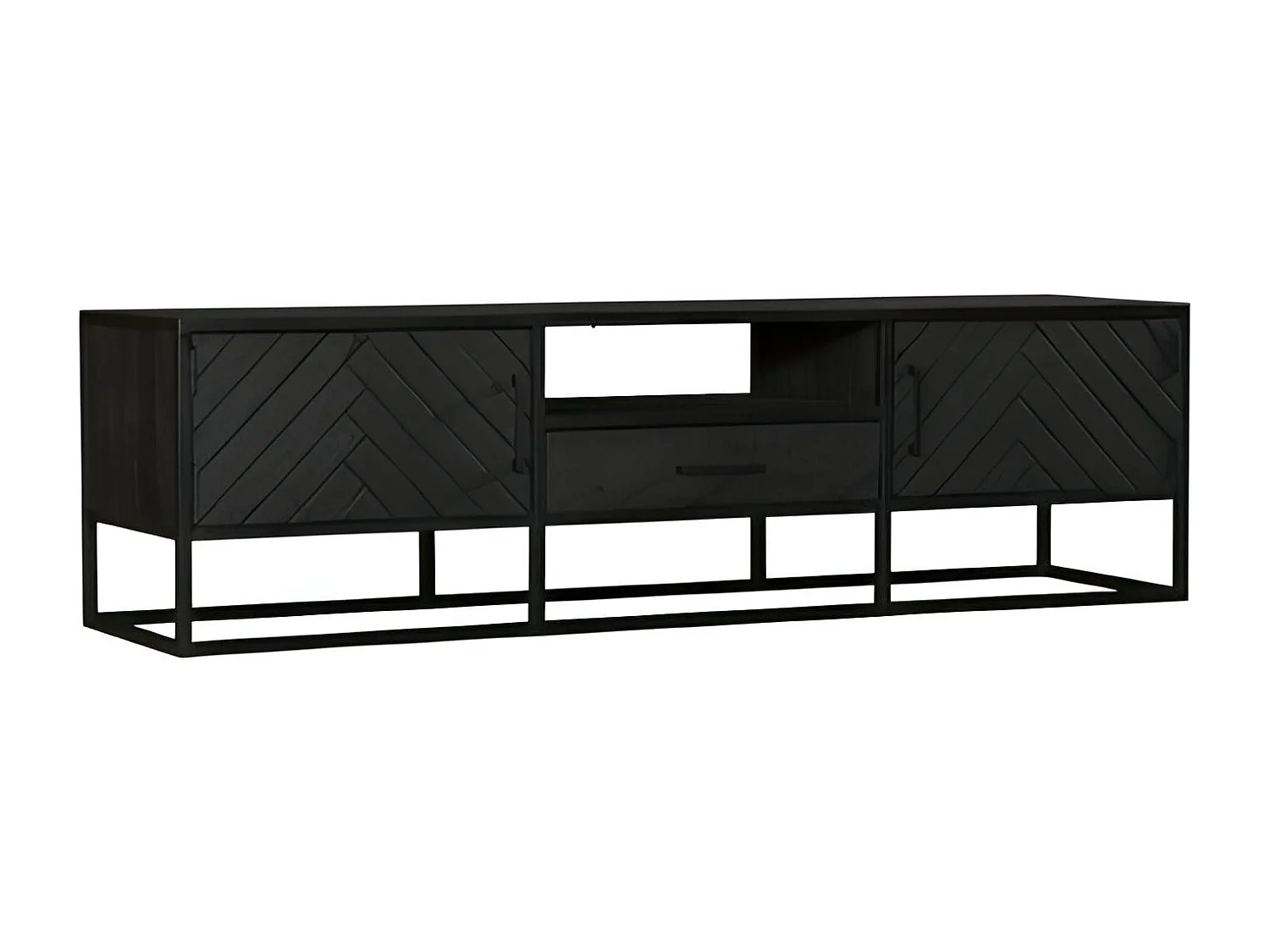 Meuble TV bois noir 2 portes motif chevron ALVERA
