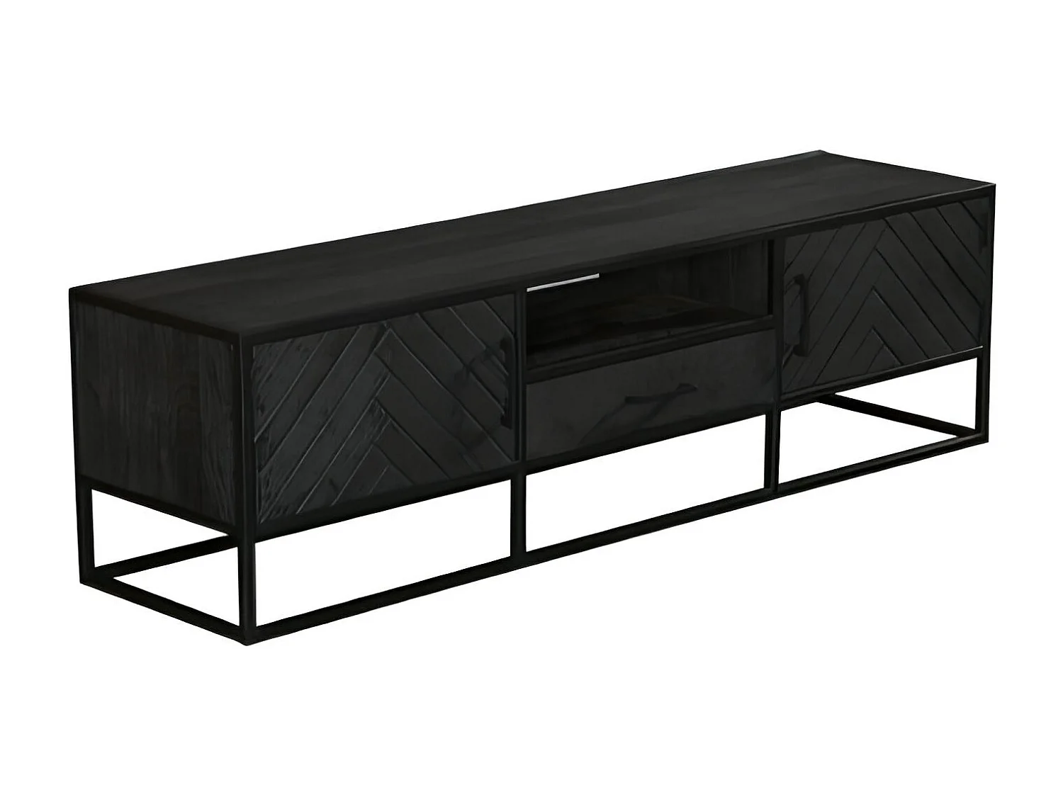 Meuble TV bois noir 2 portes motif chevron ALVERA
