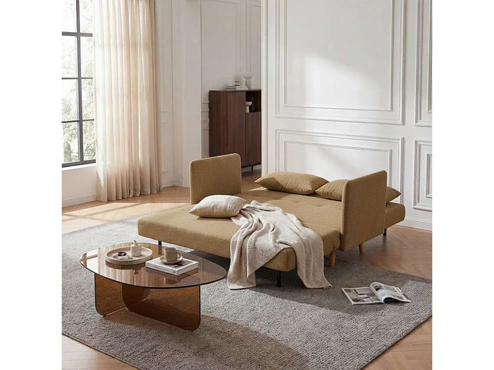 Belushi - Canapé convertible 2 places en tissu pieds bois foncé - Bronze