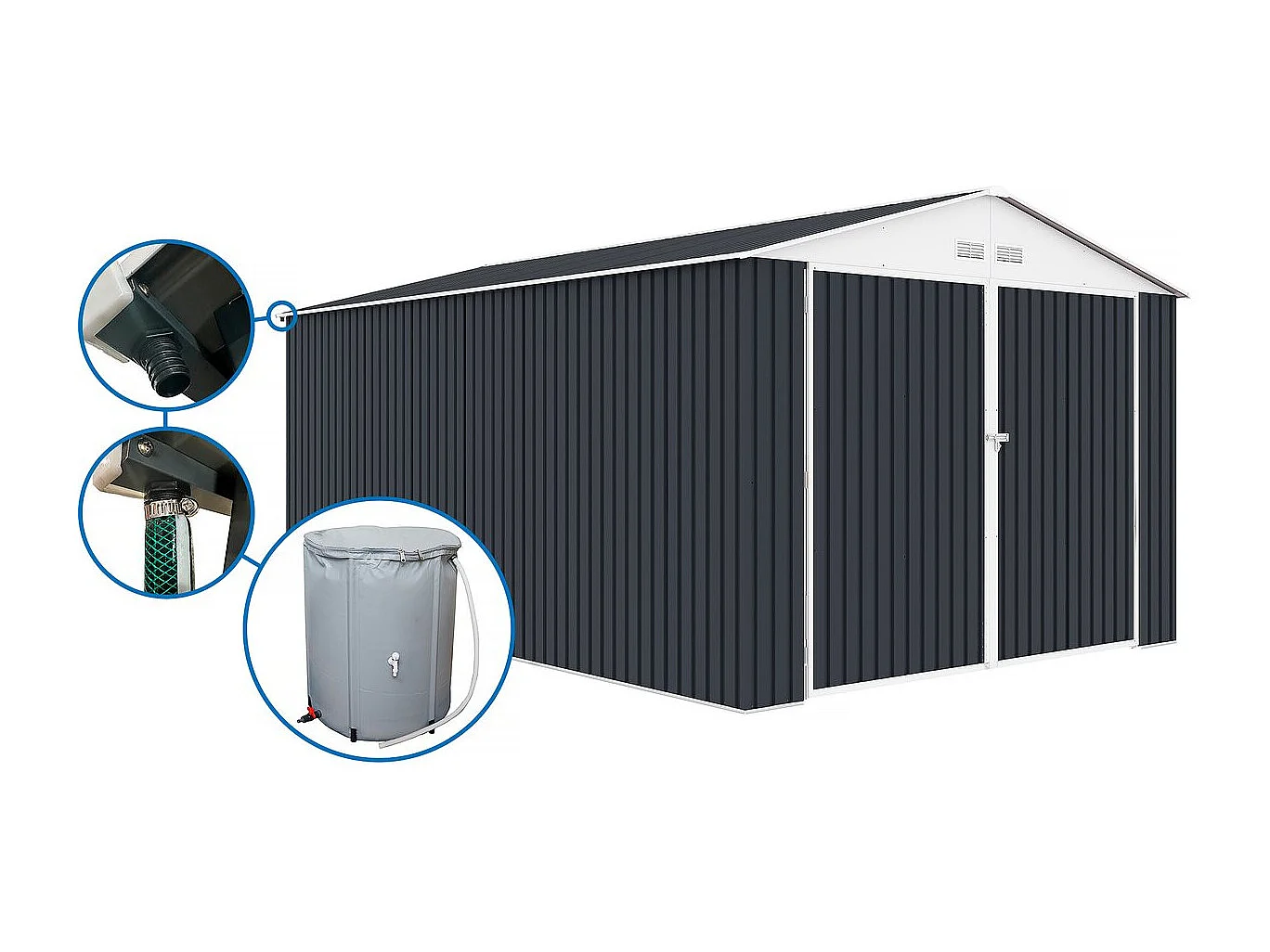 Garage métal " Houston" - 15,36 m² avec gouttière et récupérateur d'eau - Anthracite