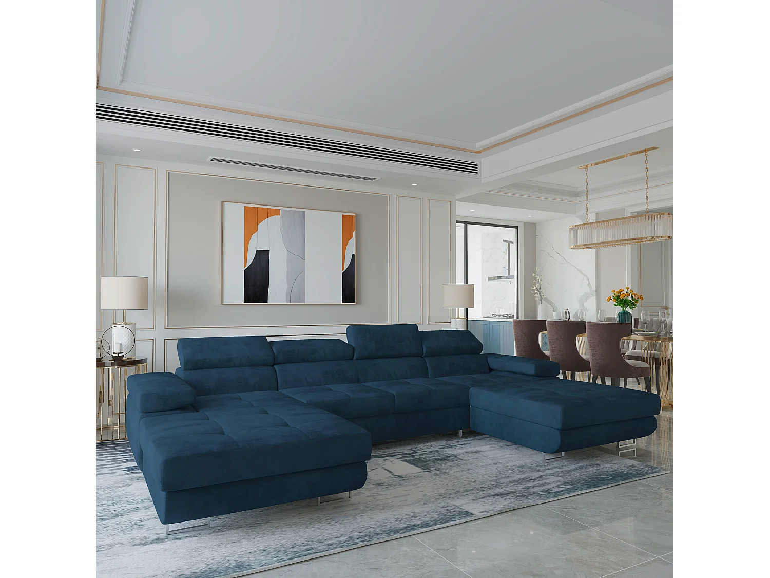 Canapé d'angle LYKKE Bleu en velours avec fonction de couchage