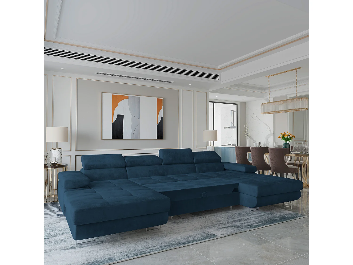 Canapé d'angle LYKKE Bleu en velours avec fonction de couchage