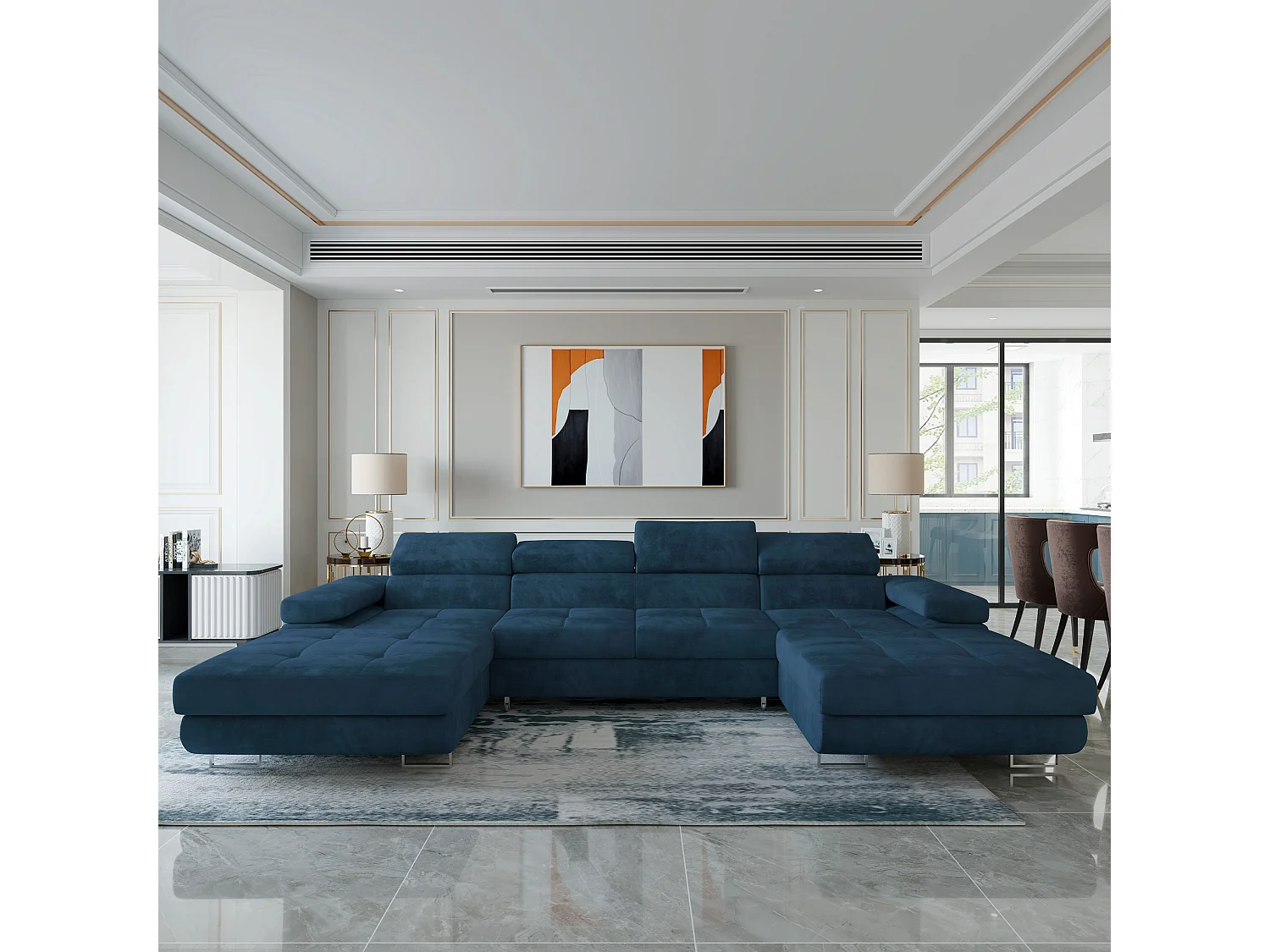 Canapé d'angle LYKKE Bleu en velours avec fonction de couchage
