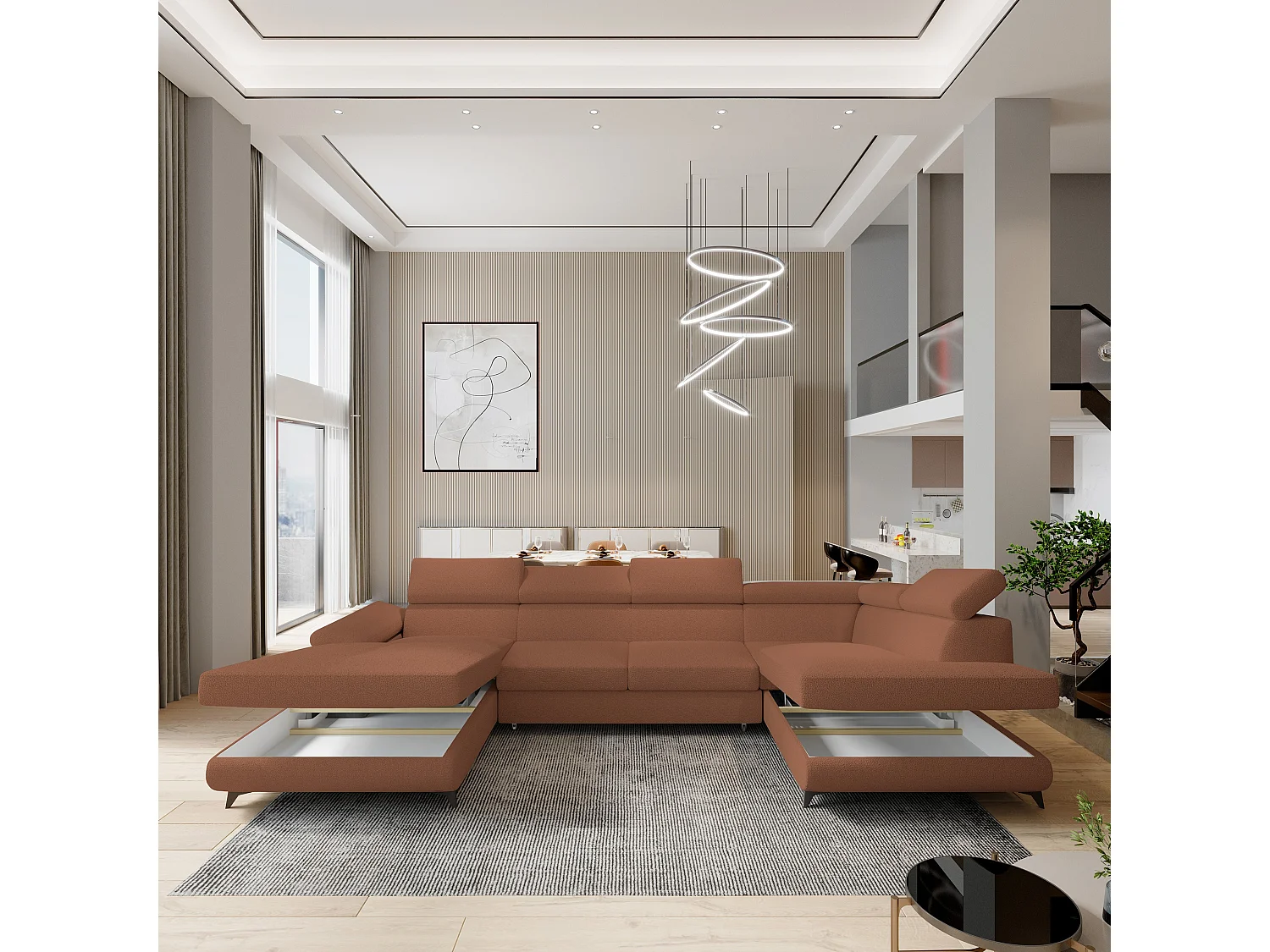 Canapé D'angle Rubano Cuivré En Bouclé Avec Fonction De Couchage