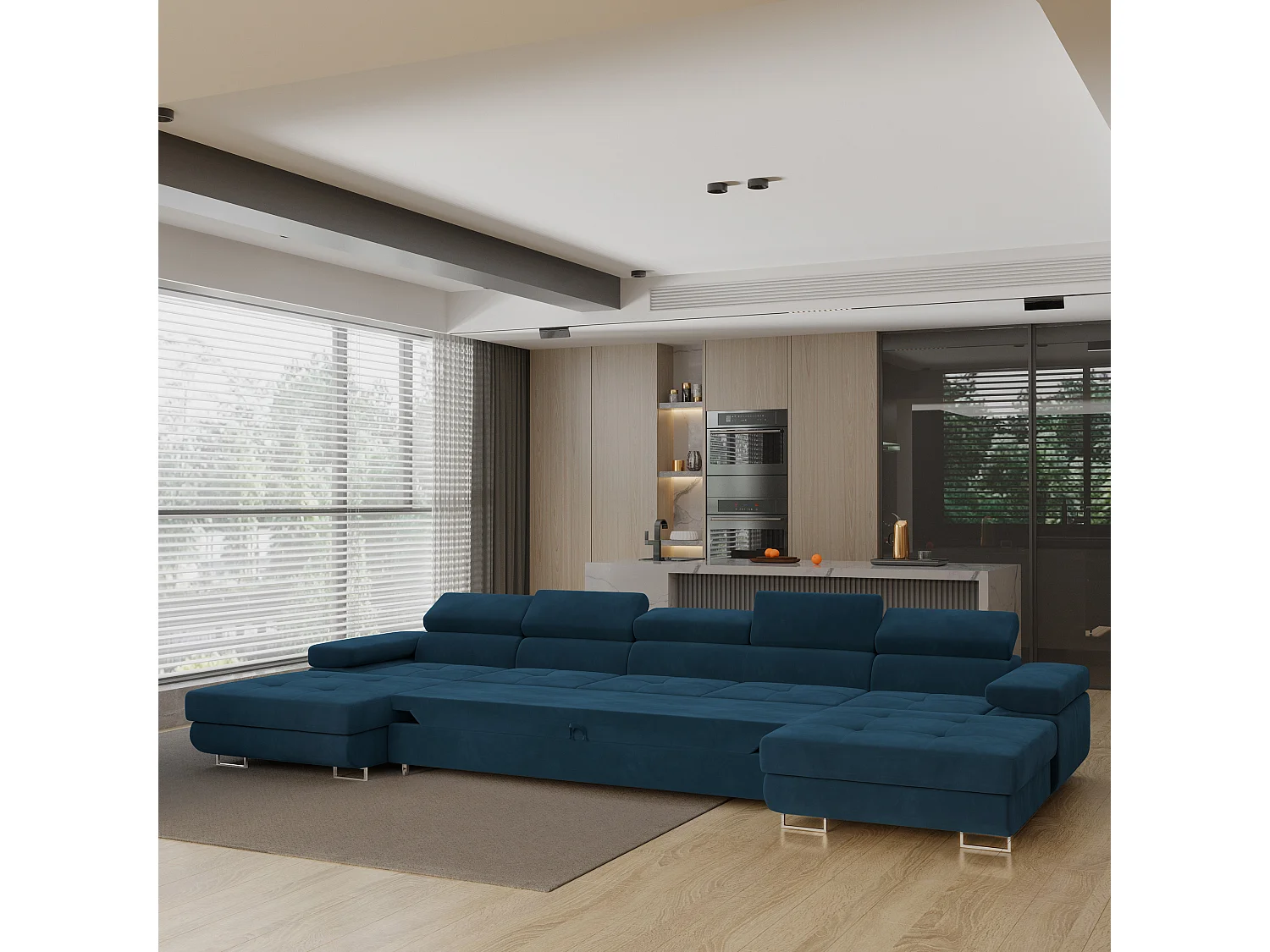 Canapé d'angle OMBRA Bleu en velours avec fonction de couchage