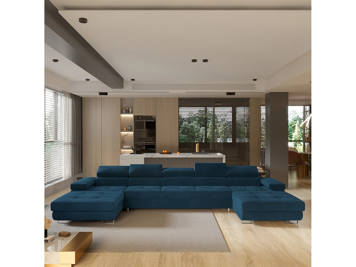 Canapé d'angle OMBRA Bleu en velours avec fonction de couchage