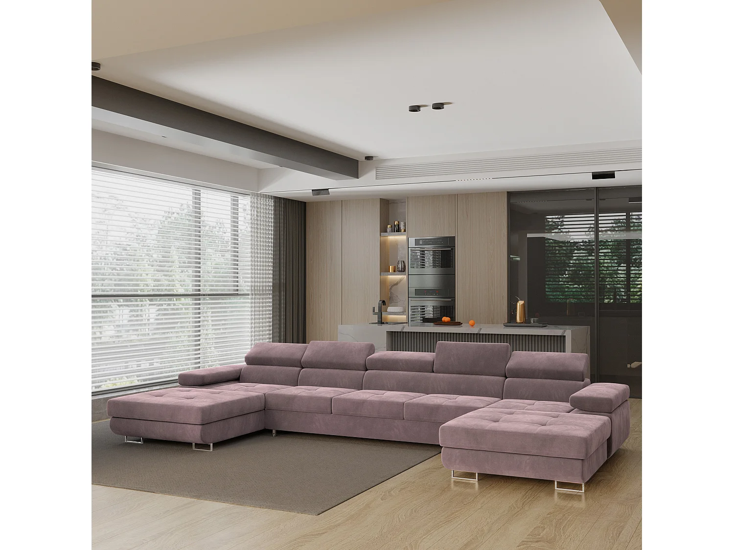 Canapé d'angle OMBRA Violet en velours avec fonction de couchage