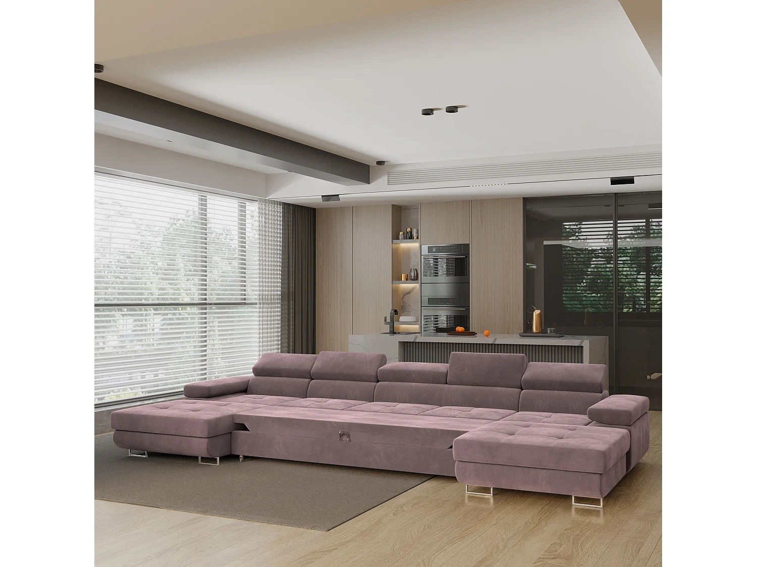 Canapé d'angle OMBRA Violet en velours avec fonction de couchage