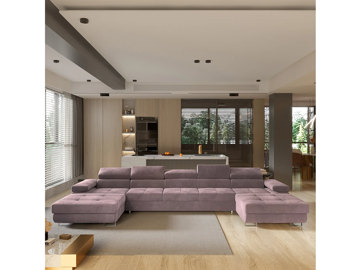 Canapé d'angle OMBRA Violet en velours avec fonction de couchage